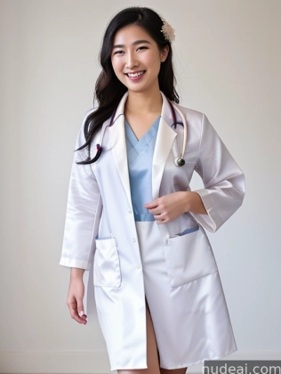 arafed woman in a white lab coat and blue top