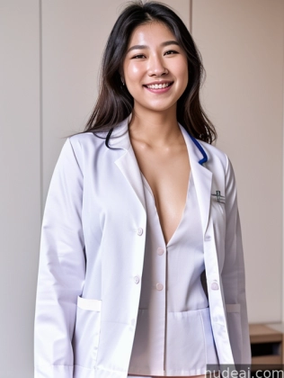 smiling woman in white lab coat standing in front of a white wall