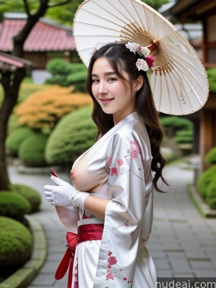 araffe woman in a kimono with a white umbrella and red sash