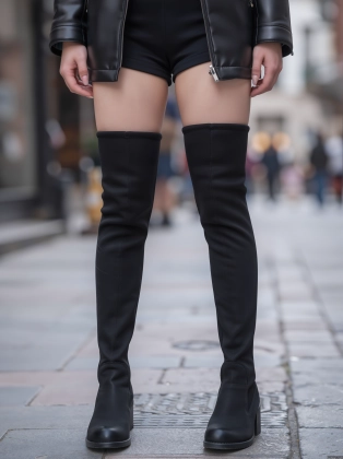 araffe wearing black thigh high boots and a black jacket