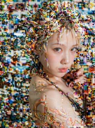 arafed image of a woman with a headdress made of many small objects