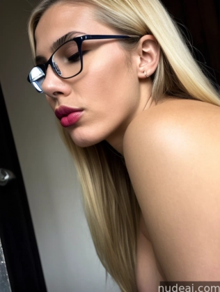 blond woman with glasses looking at her cell phone while wearing glasses