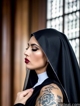 arafed nun with a black robe and a red lip