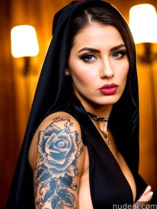 arafed woman with a black veil and a rose tattoo on her arm
