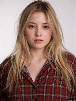 blond woman with long hair wearing a plaid shirt and looking at the camera
