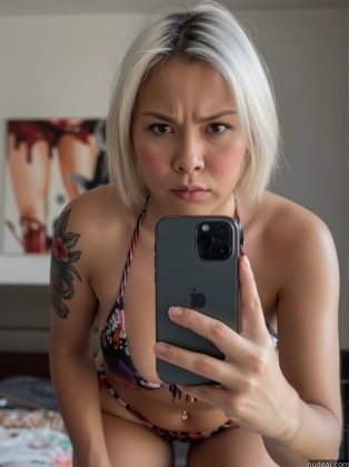 blond woman in a bikini taking a selfie with her phone