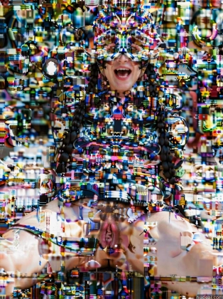 arafed image of a woman with a hat and a lot of beads