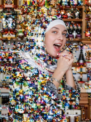 arafed woman in a colorful dress eating a piece of cake