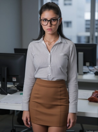 there is a woman standing in an office wearing glasses