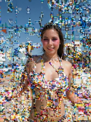 araffe woman in a bikini standing in front of a wall of confetti