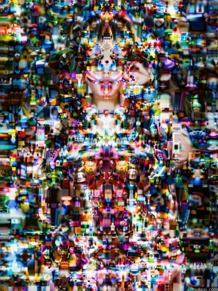 a close up of a woman with a lot of different objects in her face