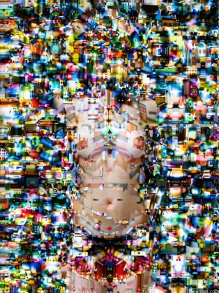 arafed image of a woman in a bikini with a lot of colorful objects