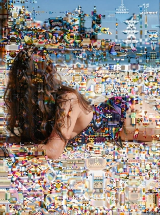 arafed image of a woman laying on a bed with a lot of toys