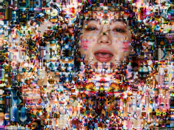 arafed image of a woman's face with many different colored objects