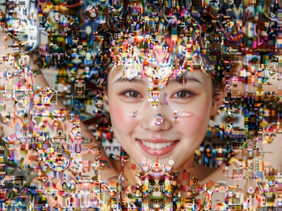arafed image of a woman with a lot of different colored objects on her head