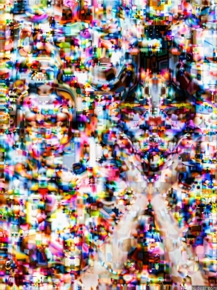 arafed image of a person with a cell phone in front of a wall of colorful objects