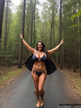 arafed woman in a bikini and cape walking down a road