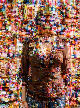 arafed image of a woman in a bra top standing in front of a wall of colorful objects