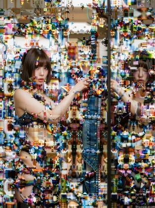 there is a woman standing in front of a wall of toys
