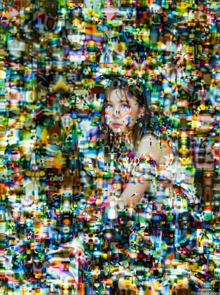 arafed image of a woman in a white dress standing in front of a wall of colorful objects