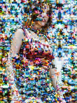 arafed image of a woman in a colorful dress standing in front of a wall of colorful objects