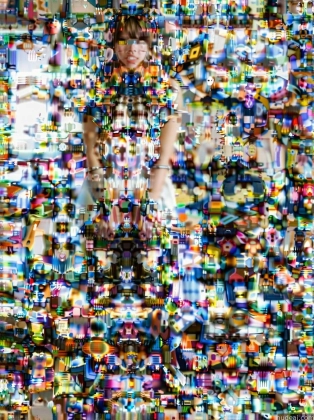 arafed image of a woman standing in front of a wall of toys