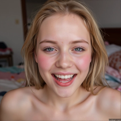 blond woman with blue eyes and a pink lip smiling