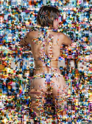 arafed image of a woman standing in front of a wall of colorful objects