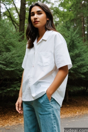 arafed woman in white shirt and jeans standing on a road