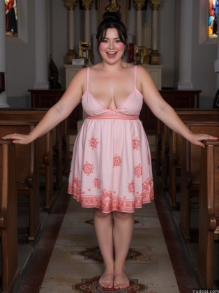 araffe woman in a pink dress standing in a church