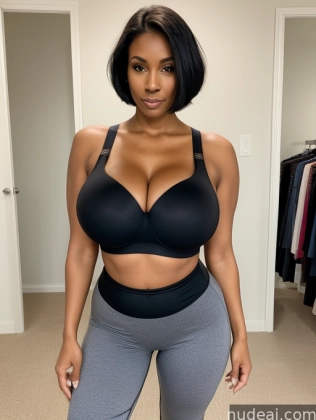 arafed woman in a black bra top and grey pants