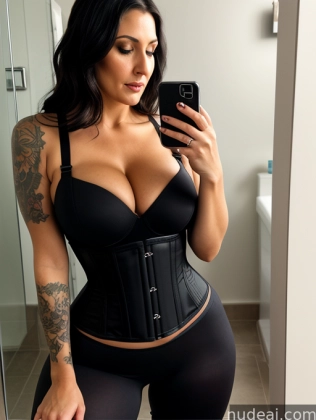 araffe woman in black corset taking a selfie in a bathroom