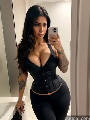 woman in black corset taking selfie in bathroom mirror