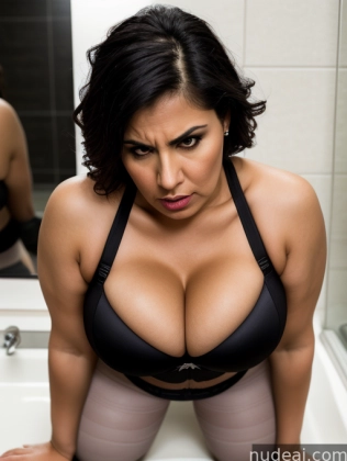there is a woman in a black bra top and stockings posing in a bathroom