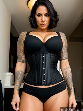 there is a woman in a black corset posing for a picture