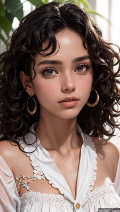 a close up of a woman with a white blouse and earrings