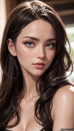 a close up of a woman with long hair wearing a tiable