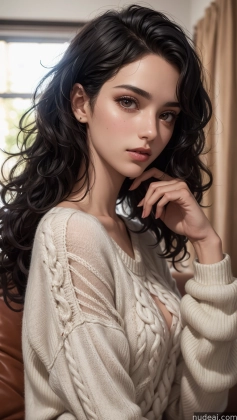 arafed woman with long black hair and a sweater on