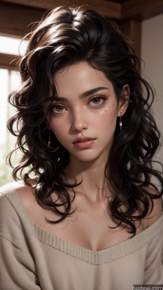 a close up of a woman with long hair and a sweater