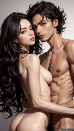 arafed couple posing naked in studio with white background