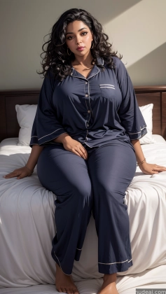 araffe woman sitting on a bed in a blue pajamas