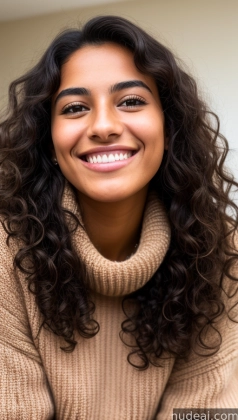 smiling woman with long curly hair and a turtleneck sweater
