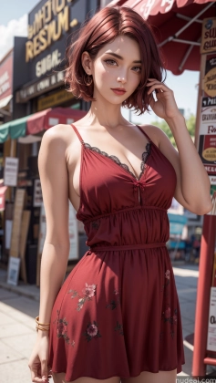 arafed woman in a red dress standing on a city street