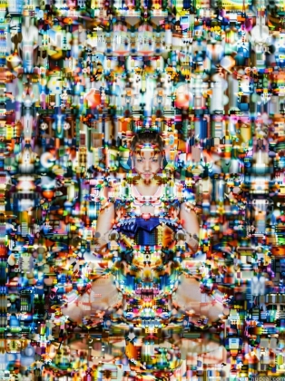 arafed image of a child sitting in a chair in front of a wall of toys