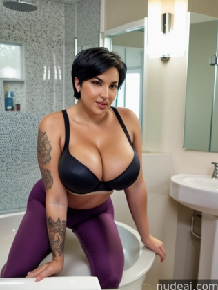 araffe woman in a black bra top and purple pants in a bathroom