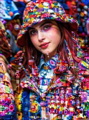 arafed image of a woman with a colorful hat and a colorful jacket
