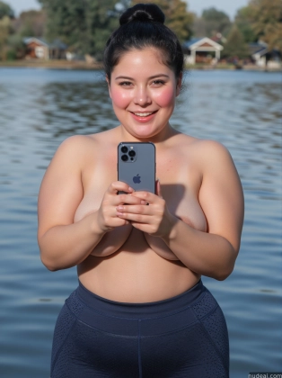 araffe woman in a bikini holding a cell phone in front of a body of water