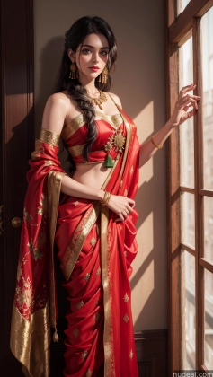 araffe woman in a red sari standing by a window
