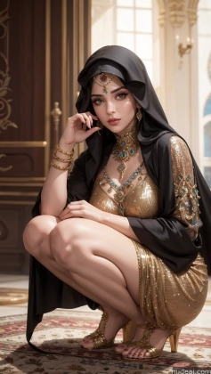 araffe woman in a gold dress and black shawl sitting on a rug