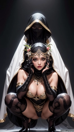 arafed woman in a black and gold costume kneeling down with a nun